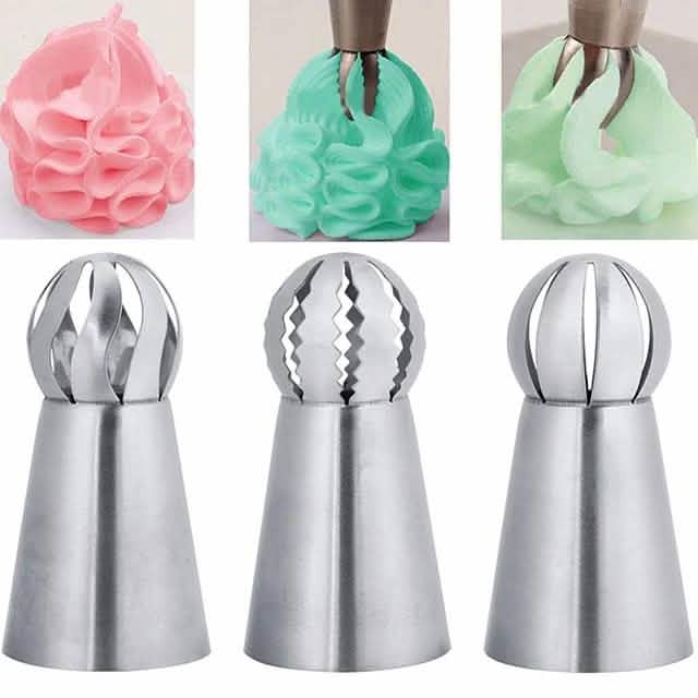 3-Pieces: Russian Stainless Steel Tips Tulip Sphere Whip Cream Buttercream Icing Piping Nozzles