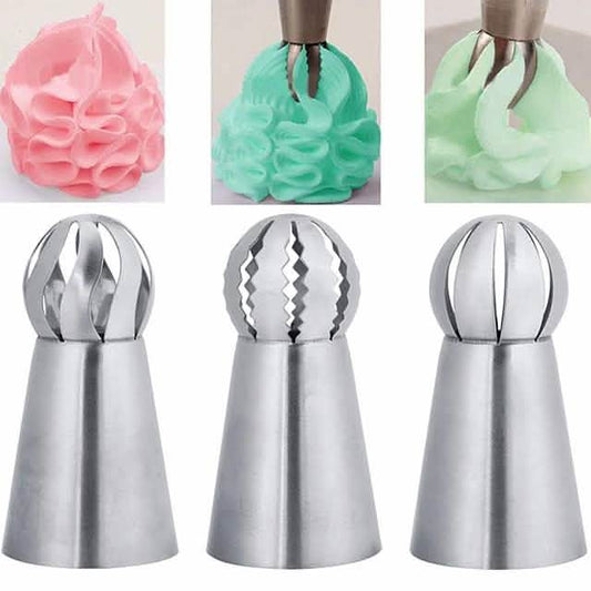 3-Pieces: Russian Stainless Steel Tips Tulip Sphere Whip Cream Buttercream Icing Piping Nozzles